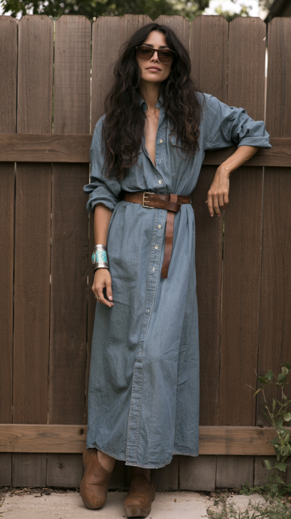 Boho woman in denim maxi shirtdress with brown belt and boots, sunglasses, turquoise cuff, leaning on wooden fence