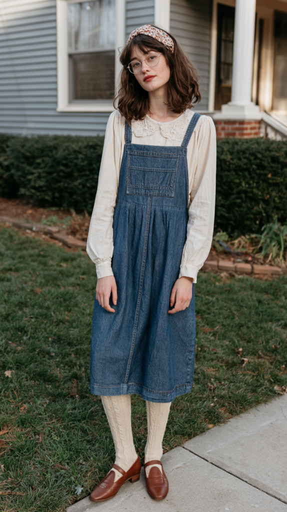 Vintage street style: woman in denim pinafore dress over cream blouse, headband, loafers, standing by suburban house.