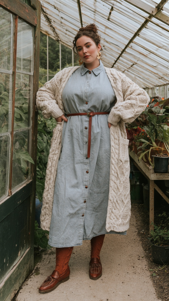 Woman in greenhouse wearing belted denim shirt dress, chunky cable-knit cardigan, rust tights, brown loafers, fall style