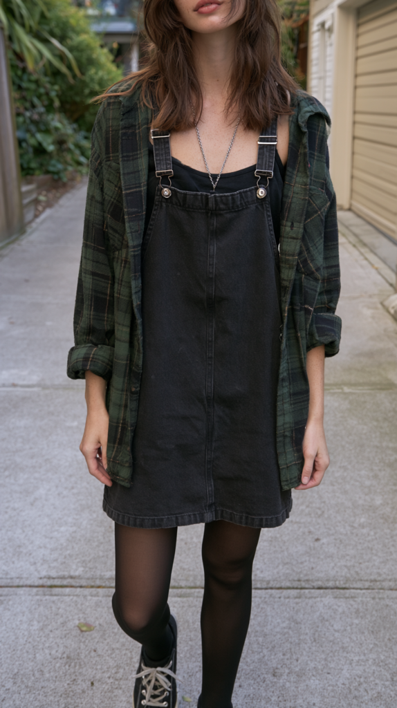 Street style outfit: woman in black denim overall dress, green plaid flannel, black tights and sneakers.
