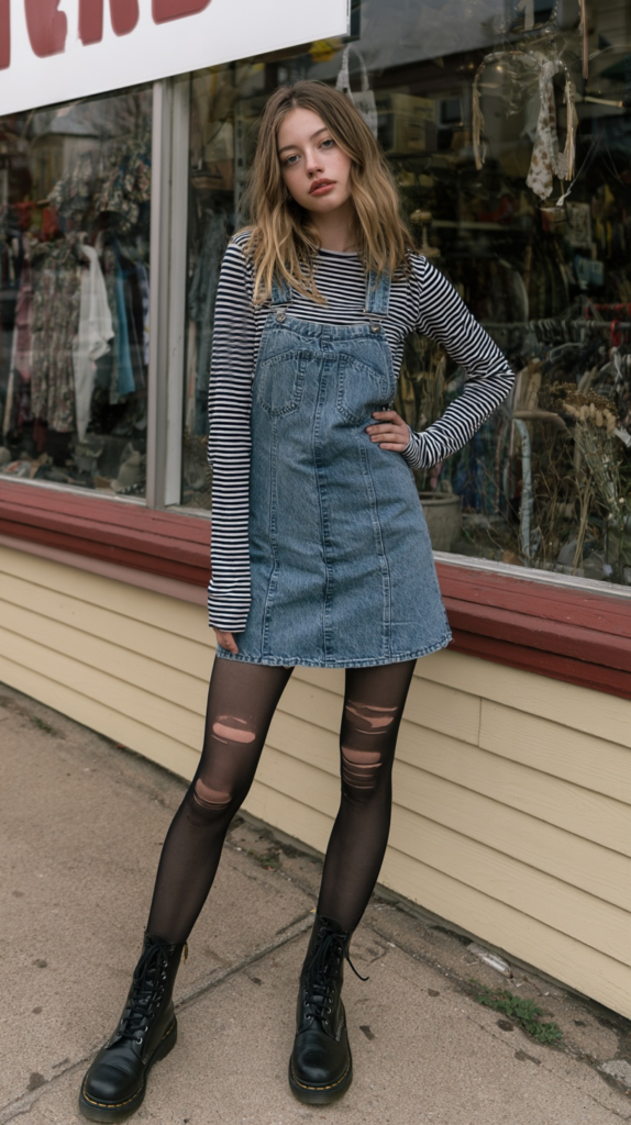 Street style: model in denim overall dress, striped long-sleeve, ripped tights and combat boots outside vintage shop