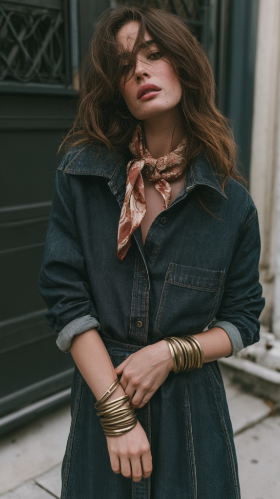 Street style portrait of woman in denim shirtdress with paisley scarf and stacked gold bangles, tousled hair