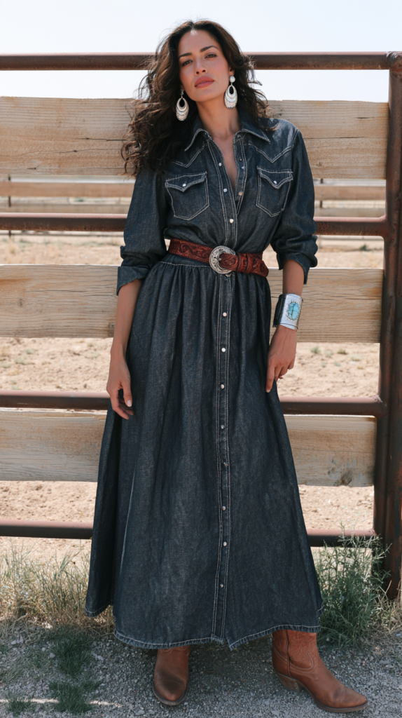 Woman in long western denim shirt dress with tooled leather belt, cowboy boots, and statement jewelry by ranch fence.