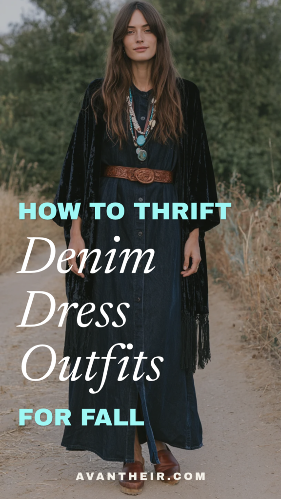 Fall thrifted boho denim dress outfit: long jean dress, velvet shawl, brown belt, turquoise necklaces on forest path.