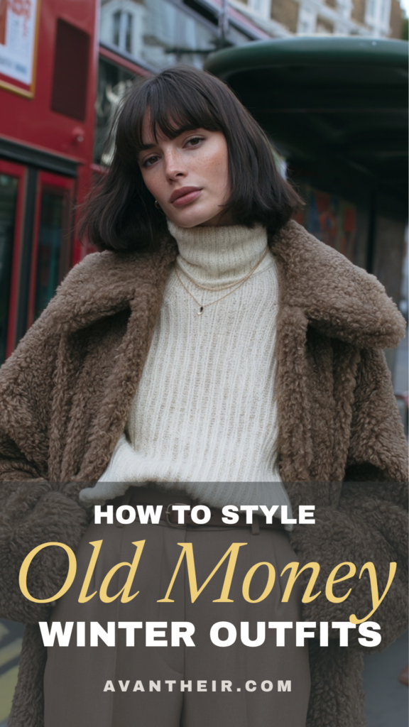 old-money-winter-outfit-ideas2 Old money winter outfit: brown teddy coat, cream turtleneck, tailored trousers; chic street style near a red London bus.