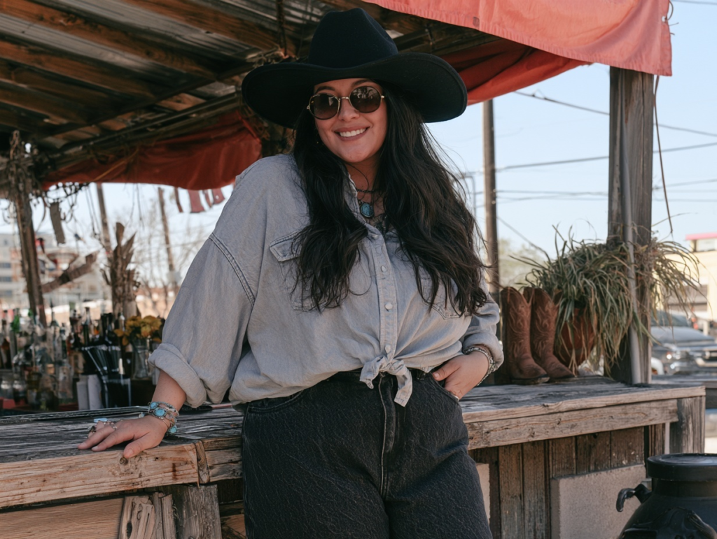 Smiling woman in wide-brim hat and denim shirt at rustic outdoor bar with cowboy boots, Western vibe.