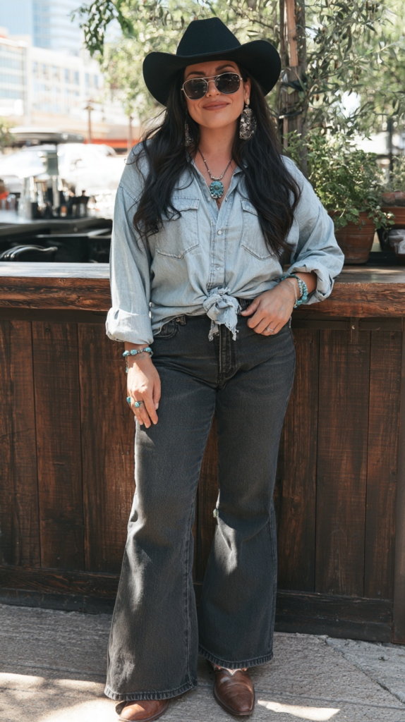 Woman in cowboy hat and sunglasses wearing tied denim shirt, flared jeans, boots, turquoise jewelry; modern cowgirl style