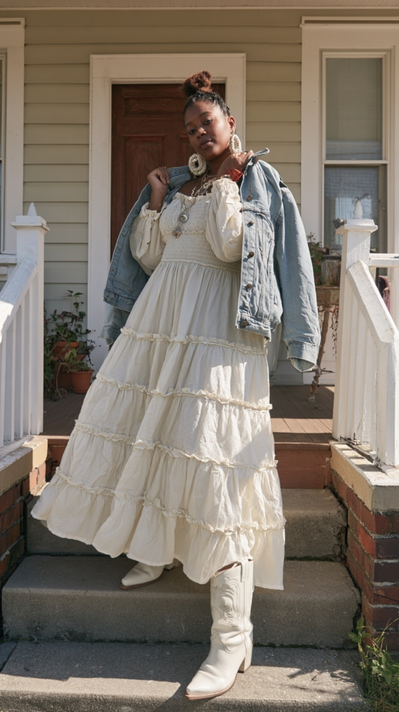 Woman in tiered cream maxi dress, denim jacket, white cowboy boots posing on porch steps, boho western street style.