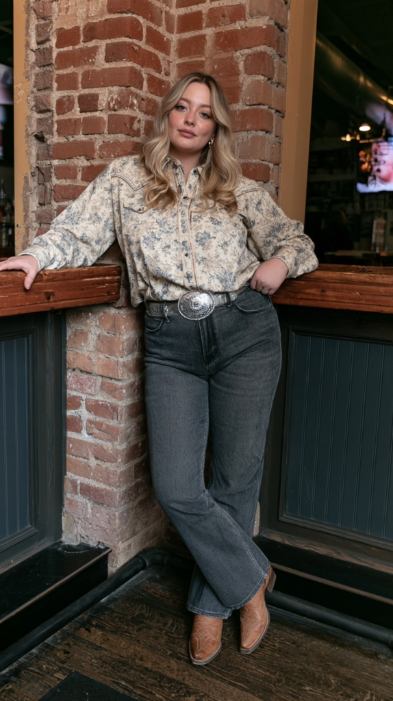 Person in western outfit—floral blouse, dark jeans, silver belt buckle, brown boots—leans on brick wall in rustic bar.