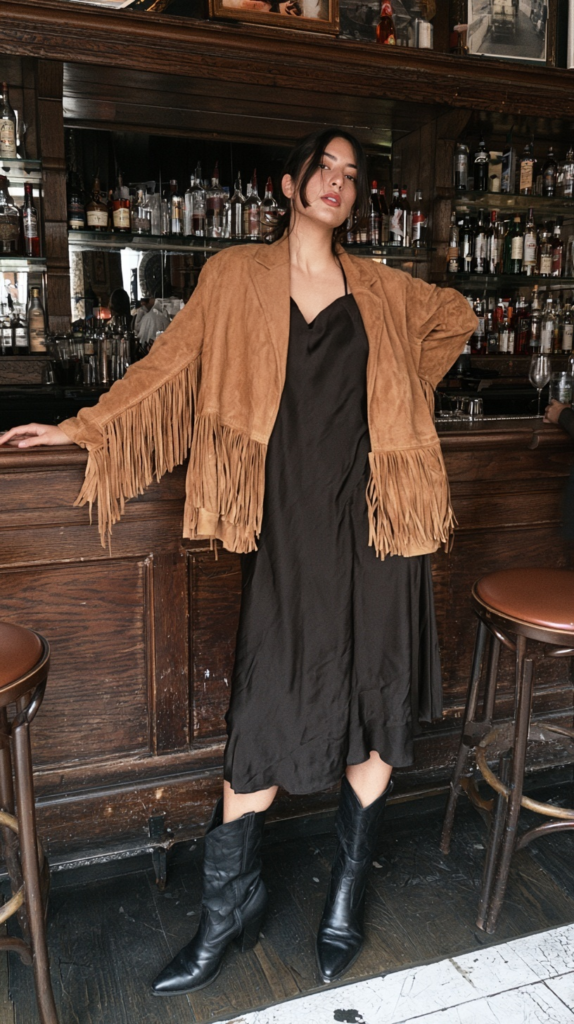 Woman in bar wearing tan suede fringe jacket over black slip dress with black cowboy boots, Western chic outfit.