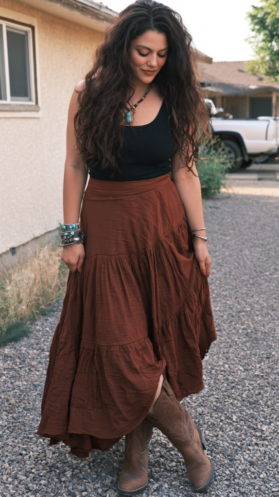 Boho western outfit: woman in black tank, rust tiered maxi skirt, cowboy boots and turquoise jewelry outdoors.