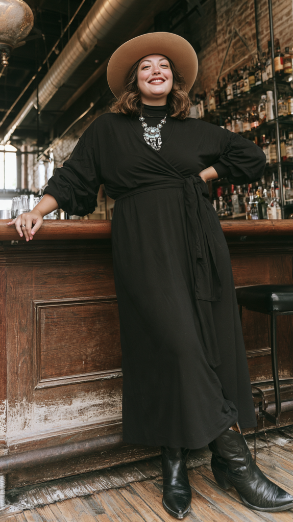 Smiling woman in black wrap maxi dress, wide-brim hat, and boots at bar, showcasing plus-size style with statement necklace
