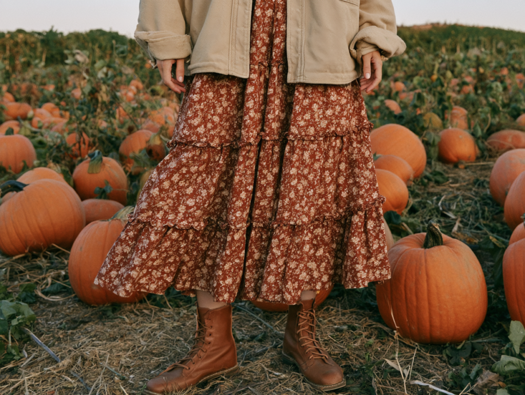 Autumn pumpkin patch outfit: floral tiered midi dress, tan jacket and brown lace-up boots among ripe pumpkins.