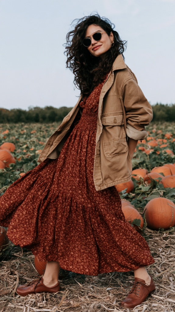 pumpkin-picking-cottagecore-outfits-chore-coat Boho autumn outfit: woman in red floral maxi dress and tan utility jacket walking through a pumpkin patch, fall fashion