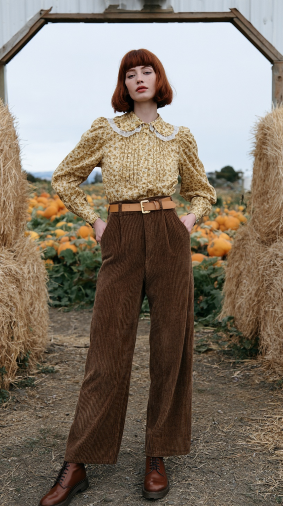 pumpkin-picking-cottagecore-outfits-corduroy Vintage fall fashion at pumpkin patch: woman in floral blouse, high-waisted brown corduroy pants, belt and boots.