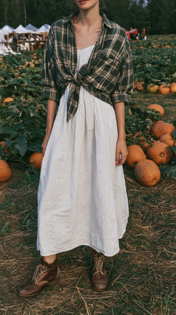 pumpkin-picking-cottagecore-outfits-flannel Autumn outfit at pumpkin patch: white eyelet dress, plaid flannel tied at waist, brown lace-up boots, fall fashion.