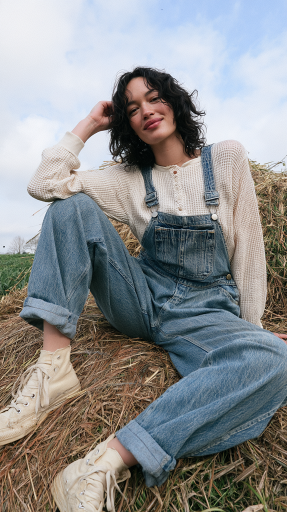 pumpkin-picking-cottagecore-outfits-overalls Smiling woman in denim overalls, cream waffle sweater and canvas sneakers lounging on a haystack in a rural field