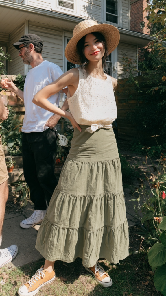 pumpkin-picking-cottagecore-outfits-skirt Smiling woman in straw hat, eyelet top and olive tiered skirt with mustard sneakers at sunny garden party