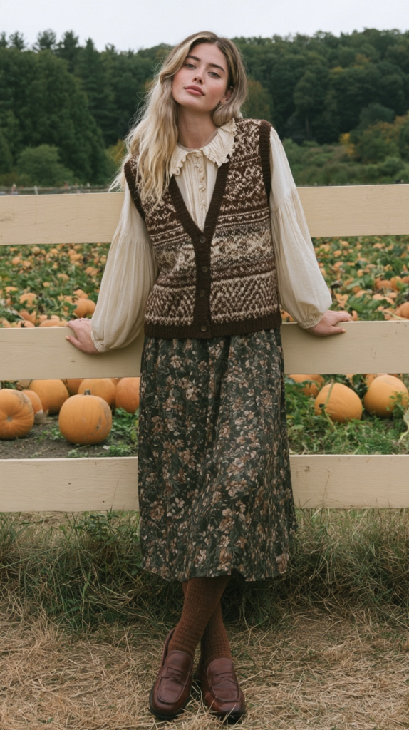 pumpkin-picking-cottagecore-outfits-vest Woman in pumpkin patch wearing fair isle sweater vest, ruffle blouse and floral midi skirt—autumn cottagecore outfit.