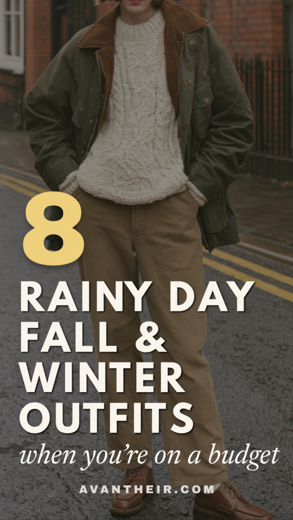 rainy-day-fall-outfit-ideas Budget rainy-day fall & winter outfits guide: person in cable-knit sweater, waxed jacket, corduroy pants, leather boots