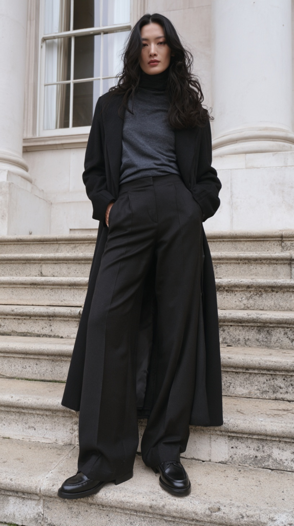 rainy-day-outfit-ideas-cashmere-wool-coat Woman in black long coat, gray turtleneck, wide-leg trousers and loafers on stone steps, minimalist street style outfit.