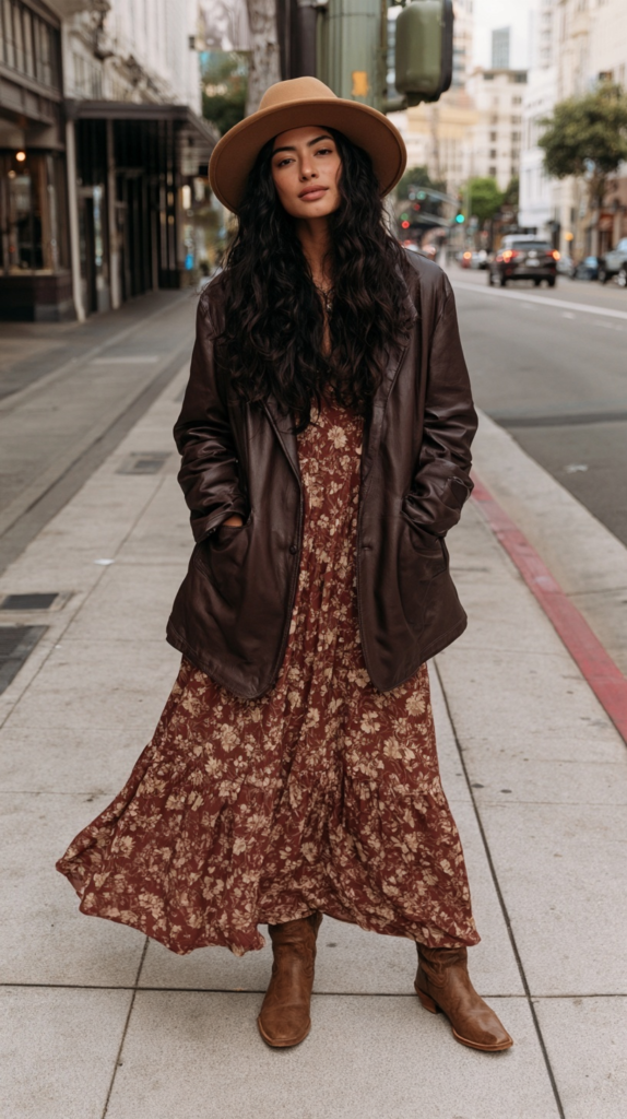rainy-day-outfit-ideas-leather-jacket Woman in brown floral maxi dress, leather jacket, tan hat and boots posing on a city street, fall boho chic outfit