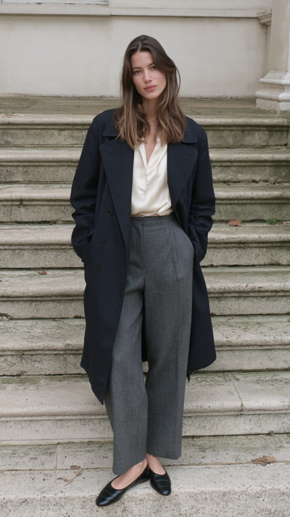 rainy-day-outfit-ideas-mac-coat Minimalist fall outfit: navy trench coat, ivory blouse, gray wide-leg trousers, black flats on stone steps
