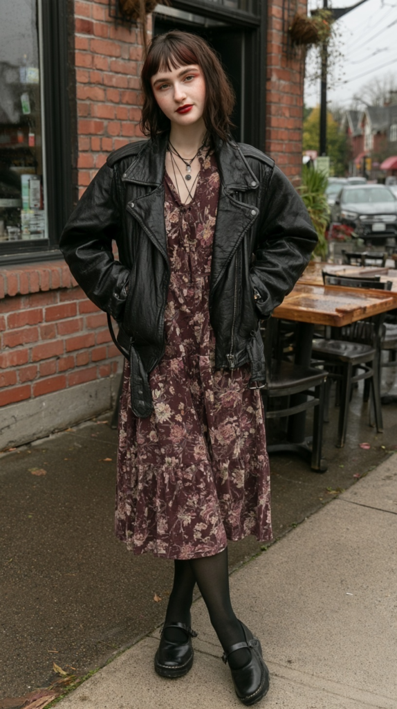 rainy-day-outfit-ideas-moto Grunge street style: person in floral midi dress, black leather jacket and Mary Janes, posing on rainy urban sidewalk.