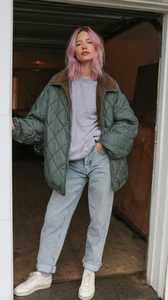 rainy-day-outfit-ideas-quilted-puffer Pink-haired woman in oversized quilted green jacket, gray sweatshirt, light-wash jeans, white sneakers, casual street style.
