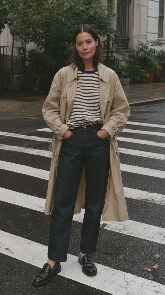 rainy-day-outfit-ideas-trench Street style: woman in beige trench, Breton stripe tee, dark jeans and black loafers on a rainy city crosswalk, fall outfit
