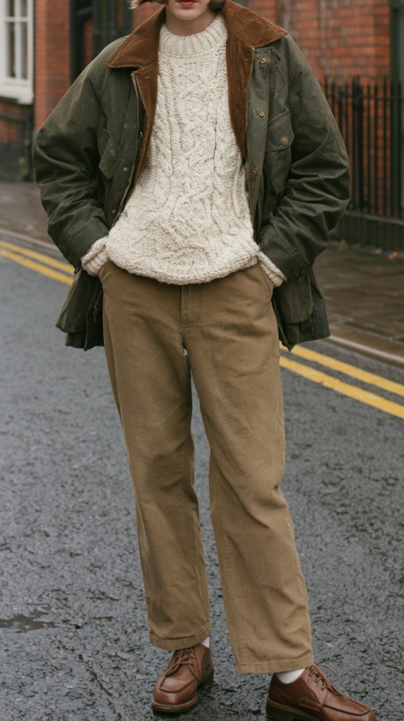 rainy-day-outfit-ideas-waxed-coat Fall street style: olive waxed jacket, cream cable-knit sweater, tan corduroy pants, brown leather shoes on wet city road.