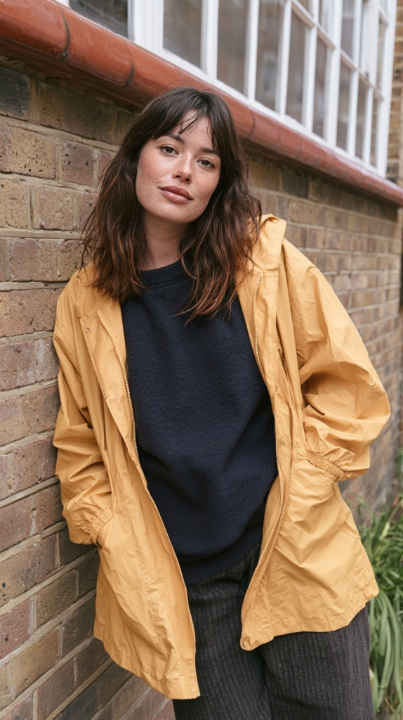 rainy-day-outfit-ideas-yellow-slicker Woman in yellow rain jacket and navy sweater leaning on brick wall, casual street style autumn fashion portrait