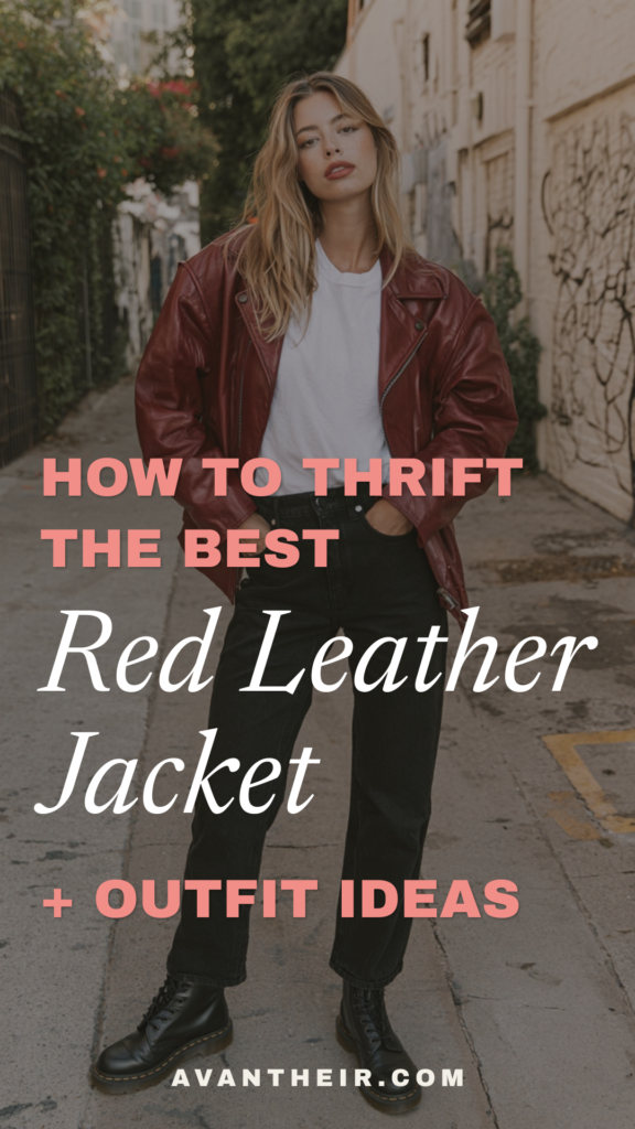 How to thrift the best red leather jacket—outfit ideas with white tee, black jeans and combat boots