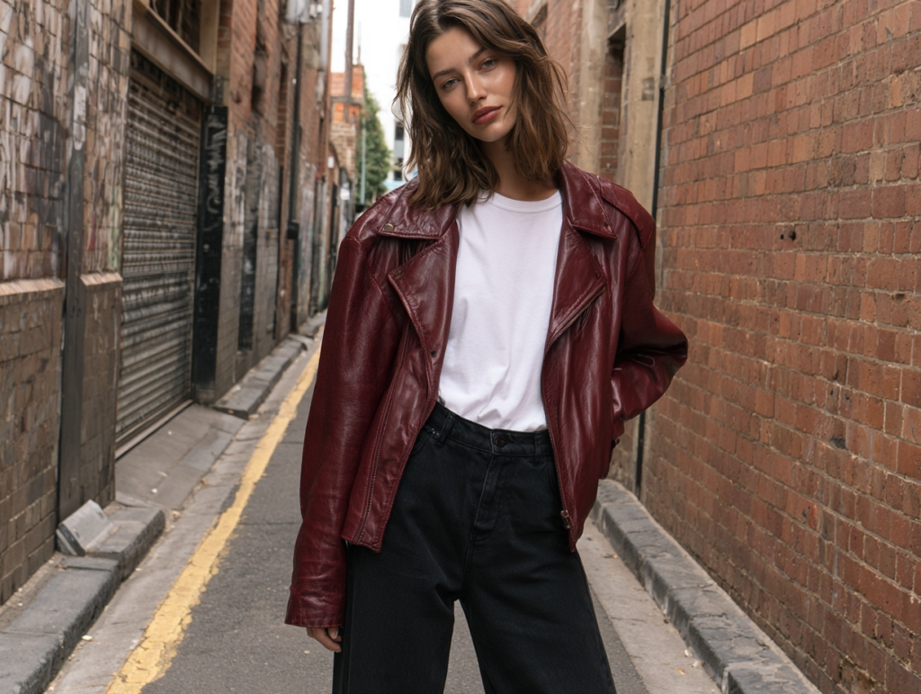 Street style: woman in burgundy leather jacket, white tee and black jeans posing in urban alley with brick walls