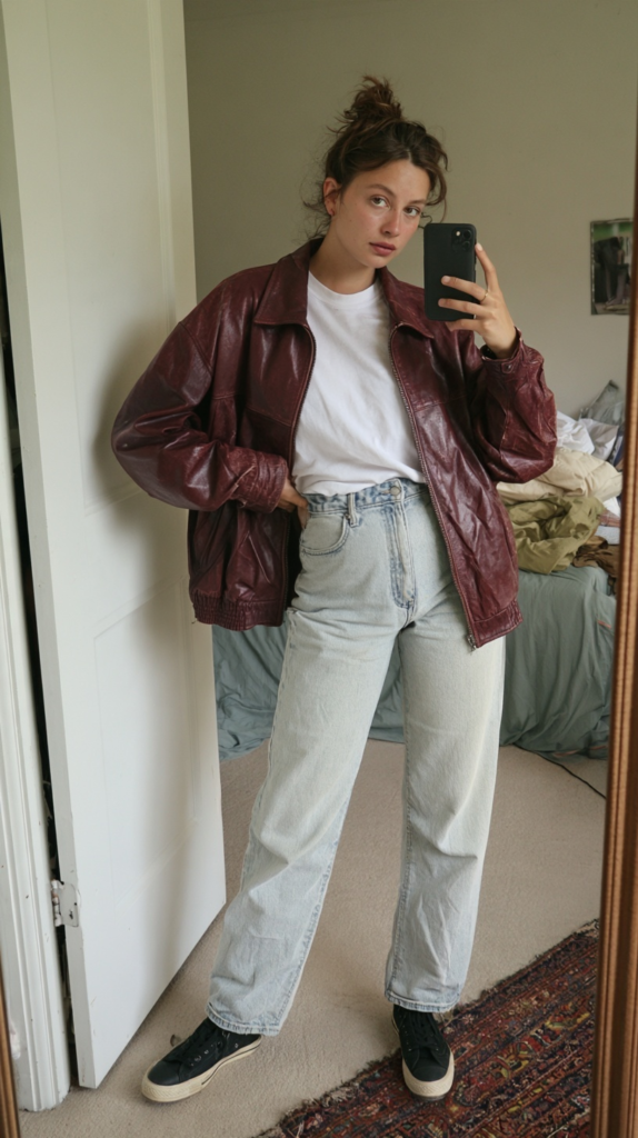 Mirror selfie of casual outfit: burgundy leather jacket, white tee, high-waisted light-wash jeans, black sneakers. 90s style.