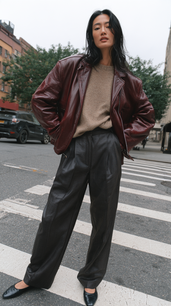 Street style: woman in burgundy leather jacket, taupe knit, wide-leg charcoal trousers and black flats at a city crosswalk