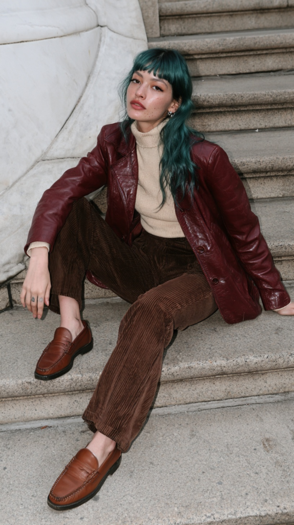 Teal-haired model in burgundy leather jacket, beige turtleneck and brown corduroy pants, fall street style on stone steps.