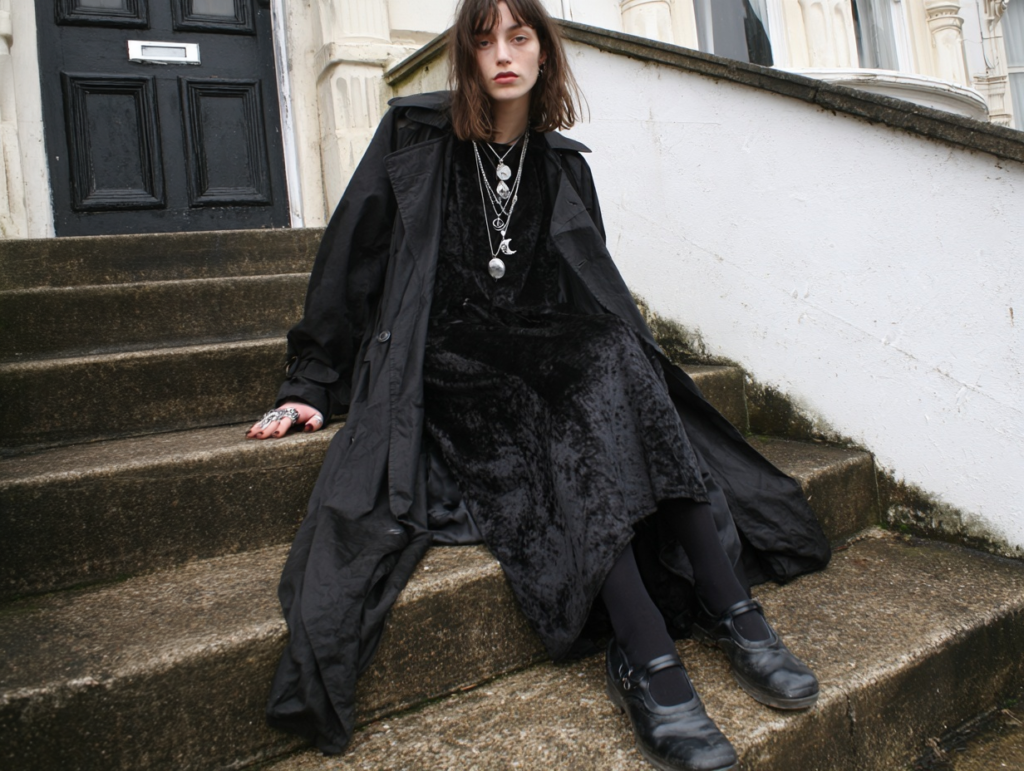 Gothic street style: person in black velvet dress, trench coat, layered silver necklaces, Mary Janes, seated on stone steps