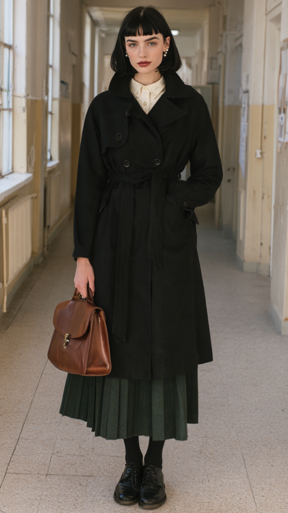 Woman in black trench coat and pleated skirt holding brown leather bag in vintage hallway, classic fall fashion look