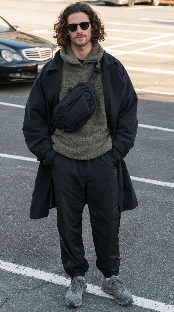 Urban gorpcore menswear: man in black trench coat, olive fleece pullover, joggers, crossbody bag, sunglasses, gray sneakers.