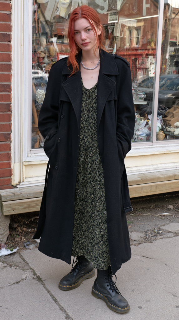 Street style: red-haired person in black trench, green floral dress, and combat boots outside vintage shop window
