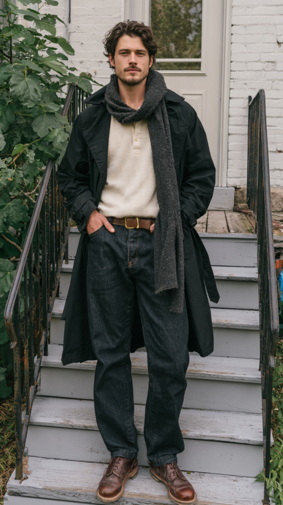 Men's fall fashion: man in black trench coat, gray scarf, cream henley, dark jeans, brown leather boots on porch steps.