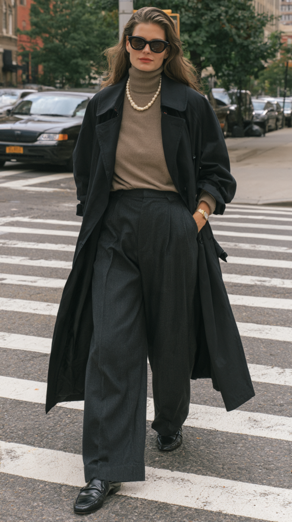 Chic fall street style: woman in black trench, taupe turtleneck, wide-leg trousers and loafers crossing a city crosswalk.