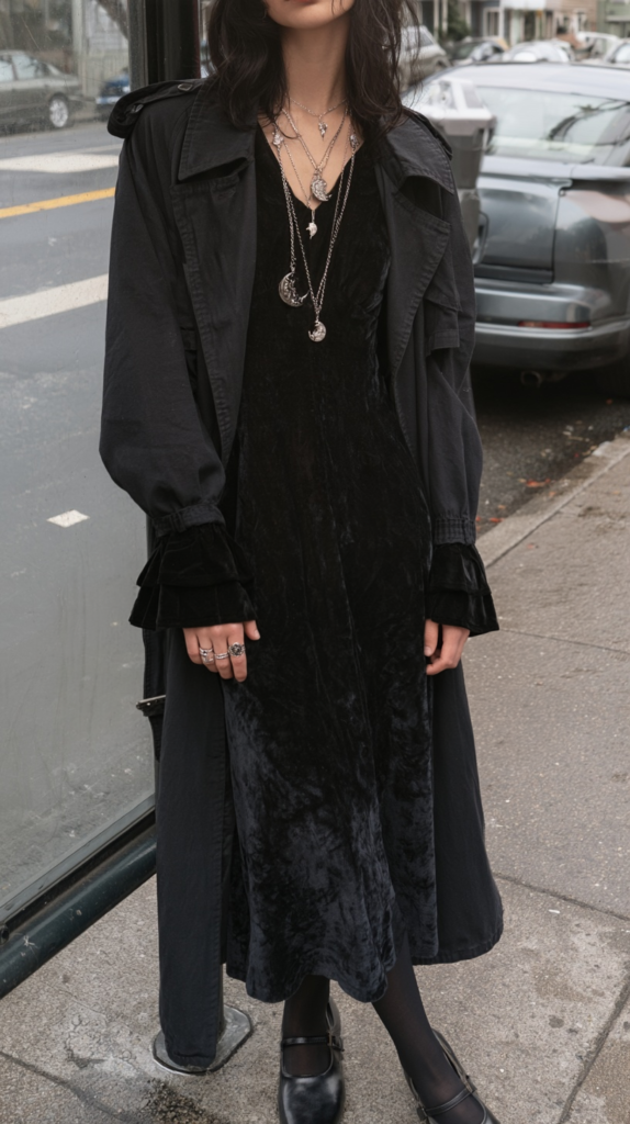 Goth street style: black velvet midi dress, long trench coat, layered silver moon necklaces, Mary Janes, city sidewalk.