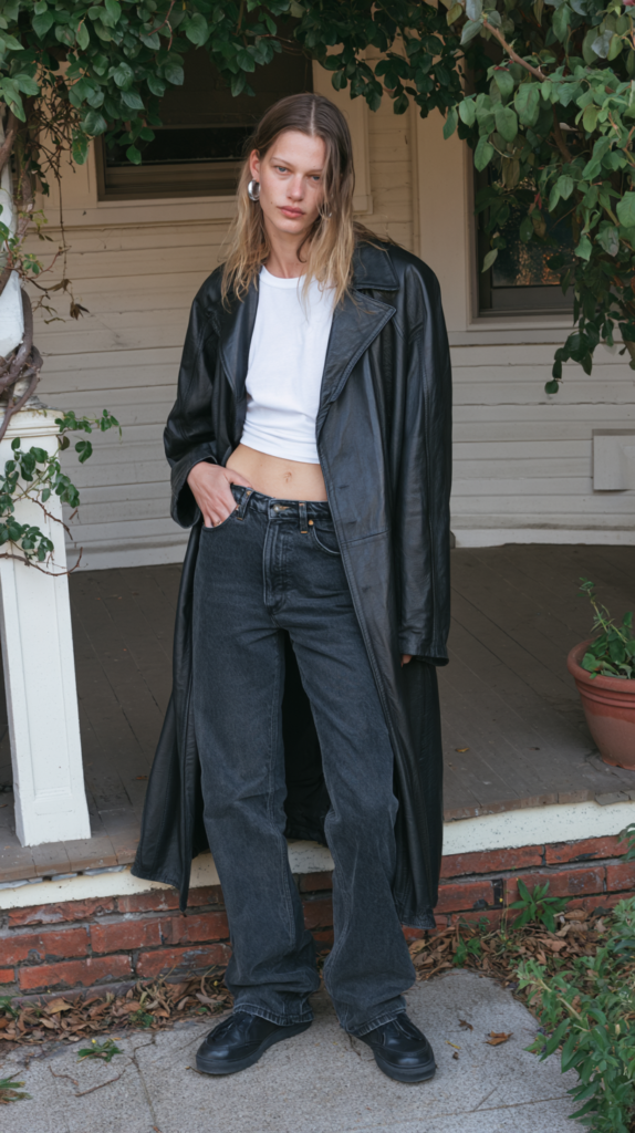 90s grunge street style: woman in long black leather coat, white crop top and baggy jeans on a leafy front porch