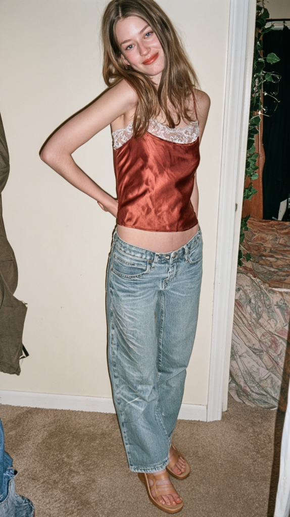 Young woman in red satin lace camisole, low-rise baggy light-wash jeans and sandals, posing indoors, Y2K fashion outfit.