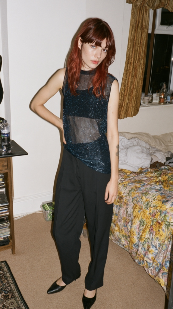 Red-haired woman in sparkly sheer navy top and black trousers standing in a cluttered bedroom, indie fashion look.