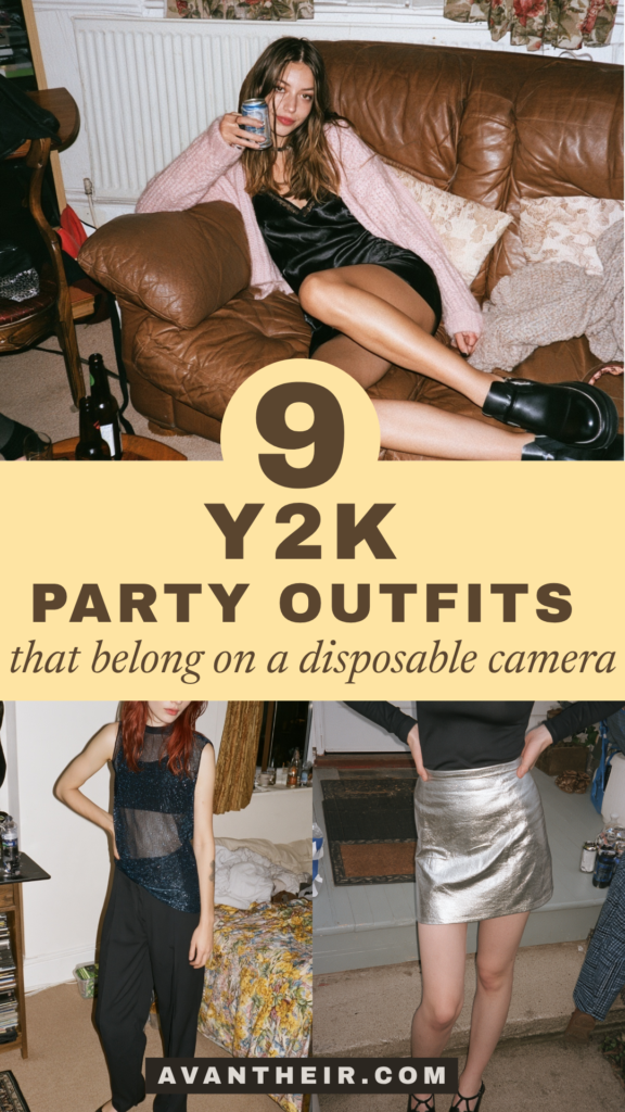 9 Y2K party outfits inspiration: slip dress, pink cardigan, metallic mini skirt, sheer top - disposable camera vibe.